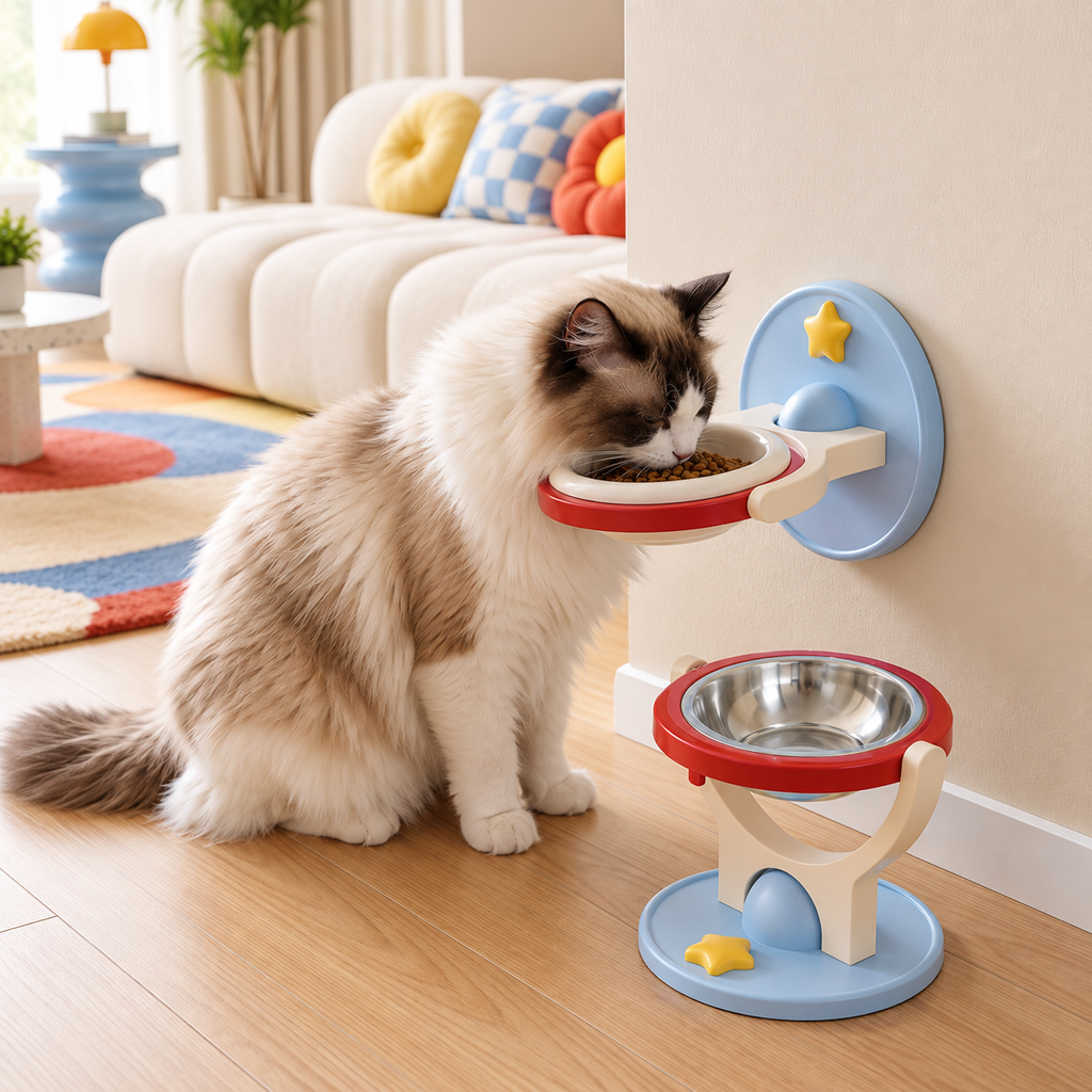 2-in-1 elevated pet bowl used by a cat at mealtime