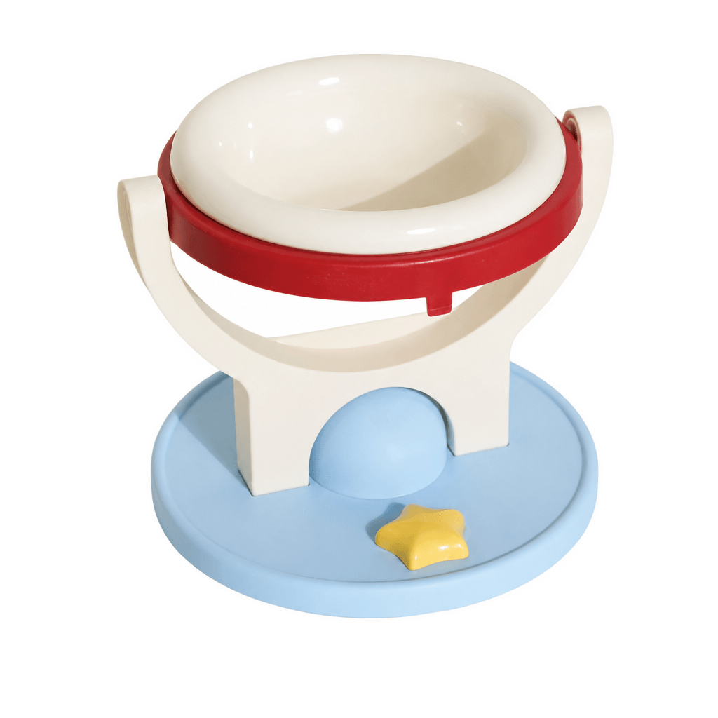 Red ceramic 2-in-1 elevated pet bowl on a clean background