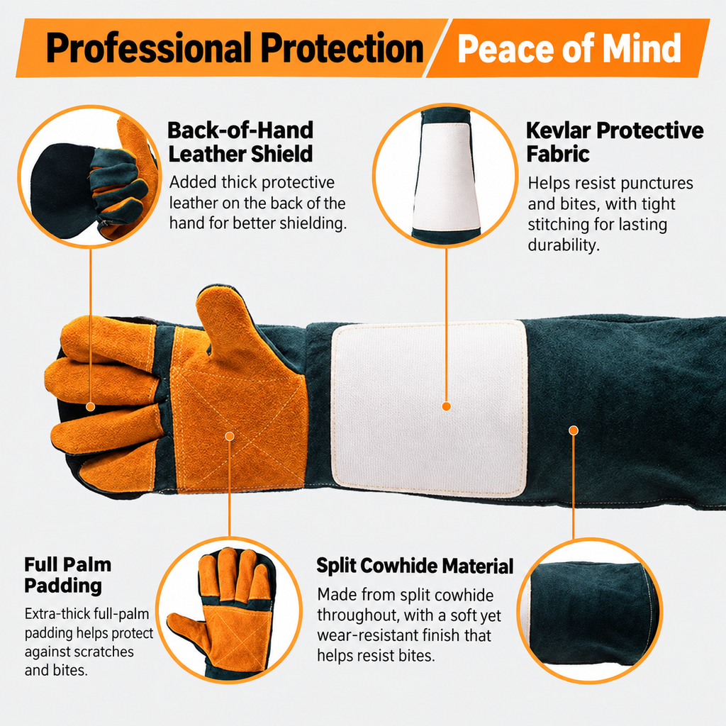 Long Cowhide Pet Handling Gloves for Bites & Scratches