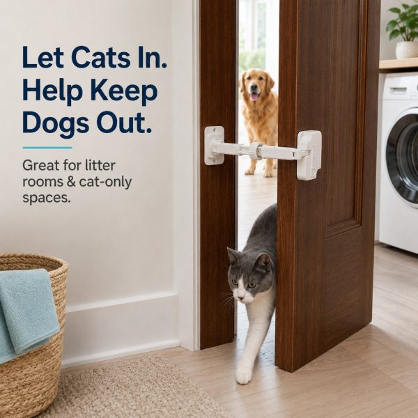 Adjustable pet door latch showing cat access through a narrow interior door gap.