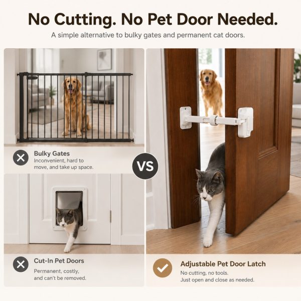Adjustable pet door latch comparison with a pet gate and a cut in cat door.