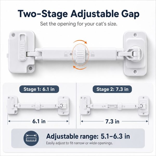 Adjustable pet door latch diagram showing two bar lengths and gap adjustment.