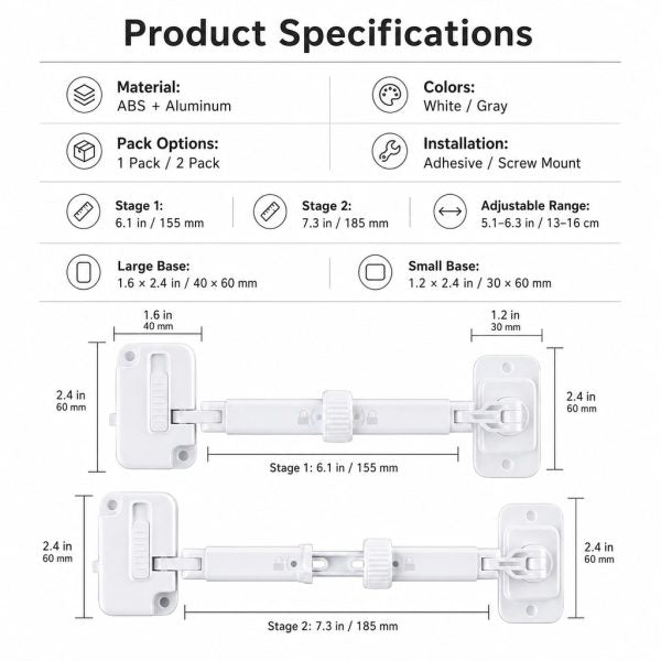 Adjustable pet door latch dimension chart showing mounting plates and bar lengths.