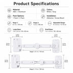 Adjustable pet door latch dimension chart showing mounting plates and bar lengths.