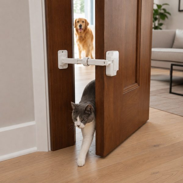 Adjustable pet door latch holding a door ajar while a cat passes and a dog waits behind.