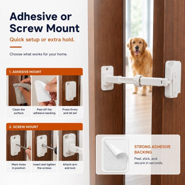 Adjustable pet door latch installation guide for adhesive mounting or screw mounting.