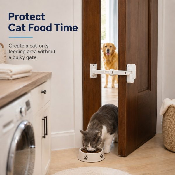 Adjustable pet door latch keeping a door ajar beside a cat eating from its bowl.