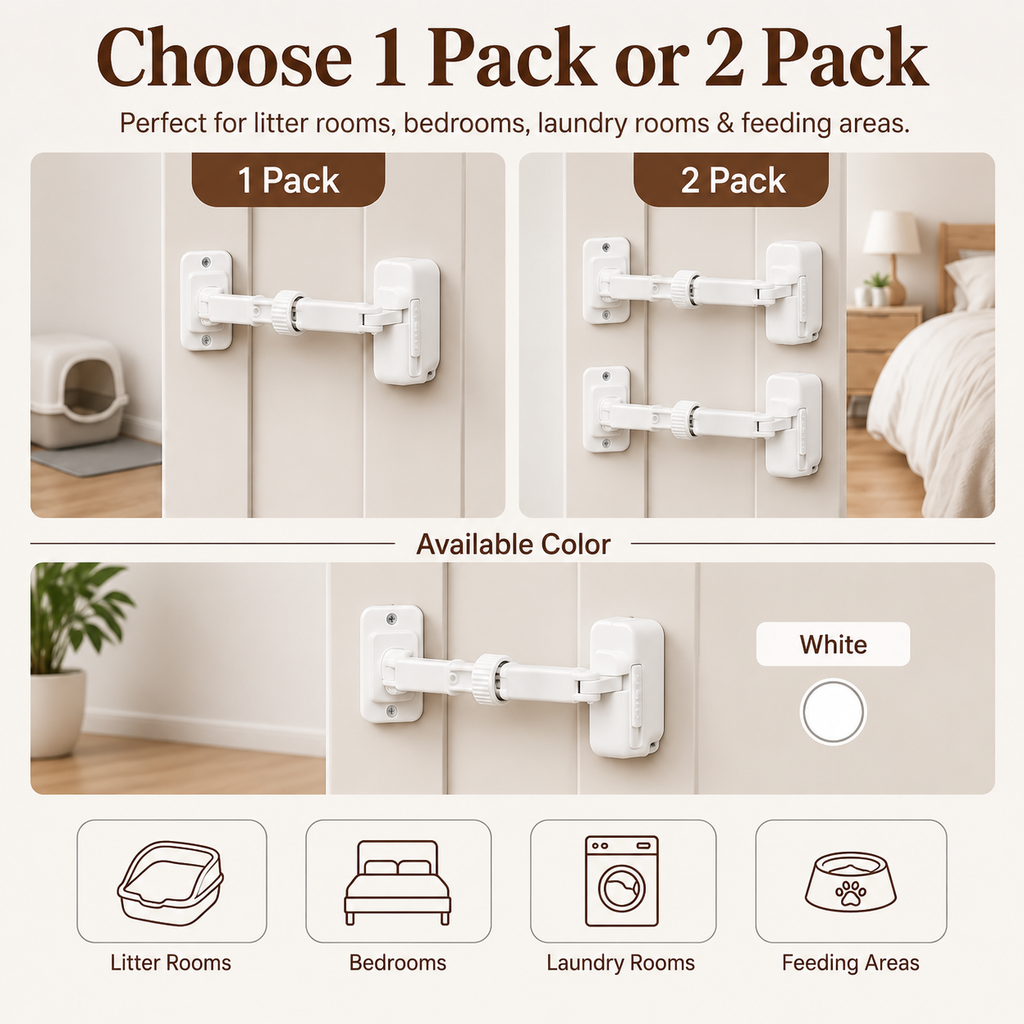 Adjustable pet door latch showing one pack and two pack options for interior doors.
