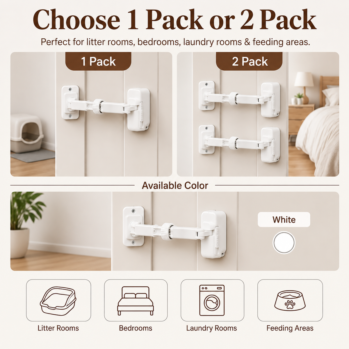 Adjustable pet door latch showing one pack and two pack options for interior doors.