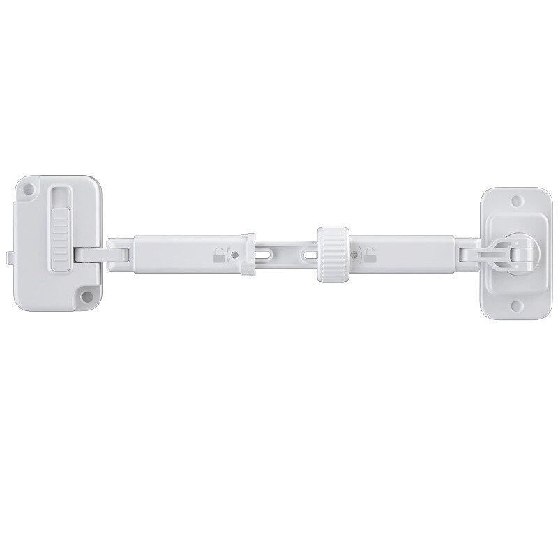 Adjustable pet door latch in white displayed fully extended against a white background.
