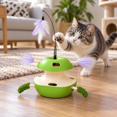Automatic multi-hole cat teaser toy with a cat playing indoors
