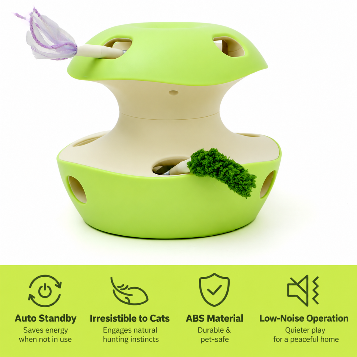 Green automatic multi-hole cat teaser toy on a clean background