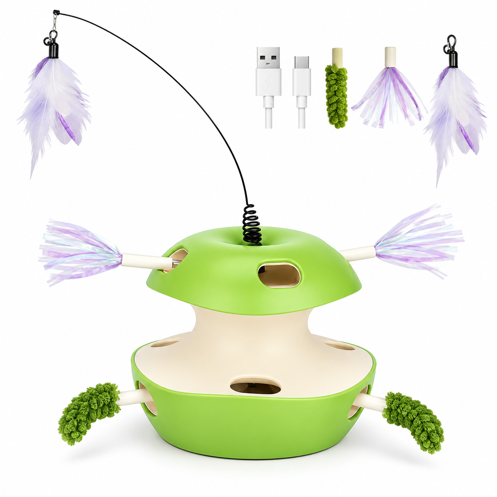 Included pieces shown with the automatic multi-hole cat teaser toy