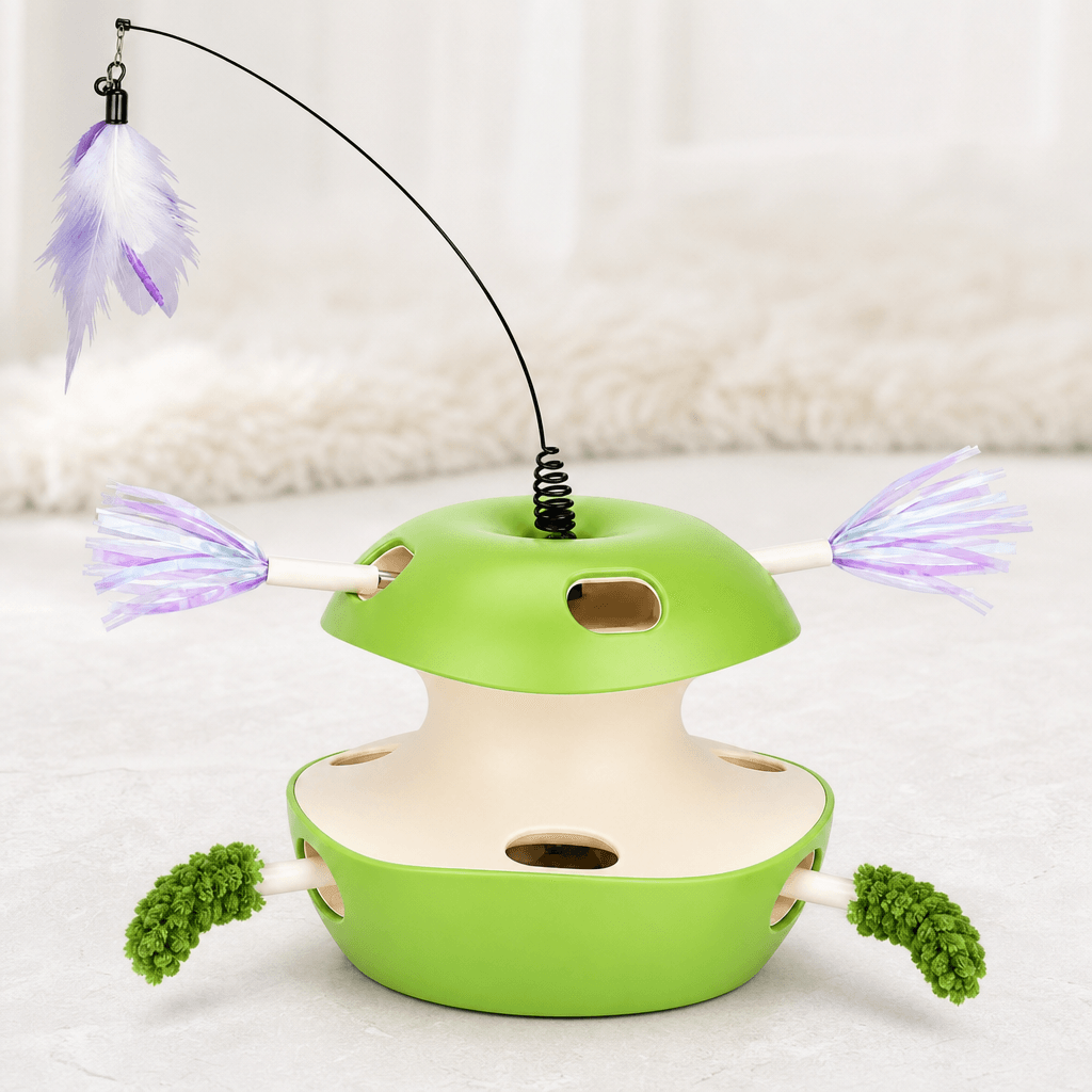 Automatic multi-hole cat teaser toy shown with teaser attachments