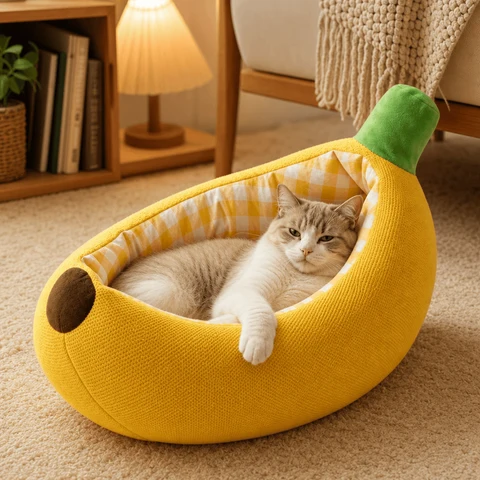 Banana-shaped pet bed with a cat curled up for a nap