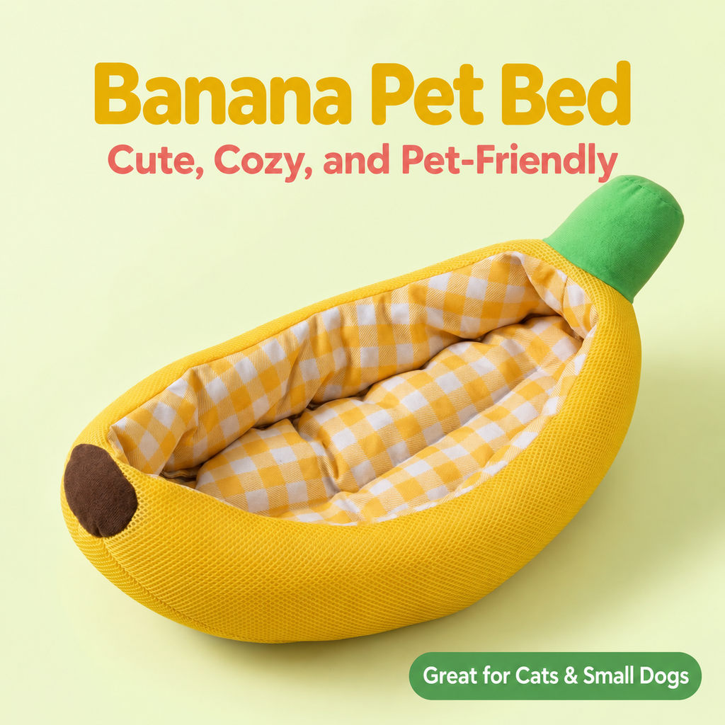 Banana-shaped pet bed on a clean background