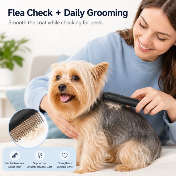 Black electric flea comb for pets brushing a small dog's back during home grooming.