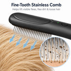Black electric flea comb for pets closeup of fine metal teeth moving through fur.
