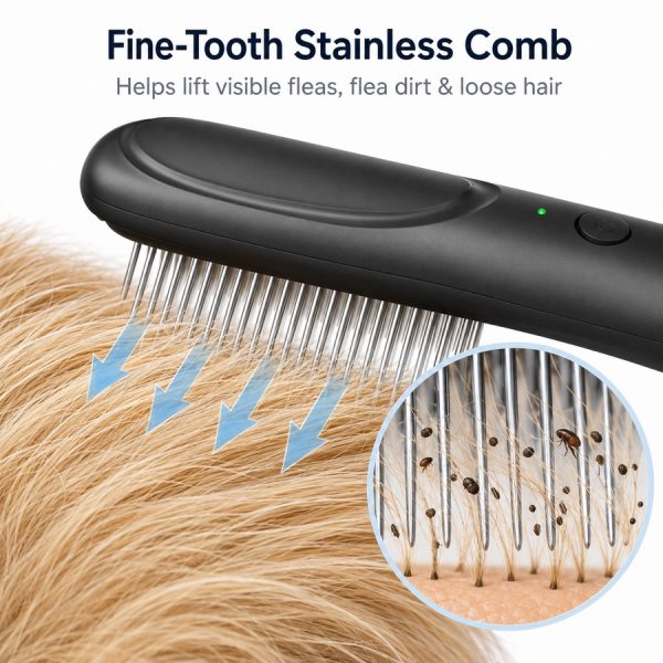 Black electric flea comb for pets closeup of fine metal teeth moving through fur.