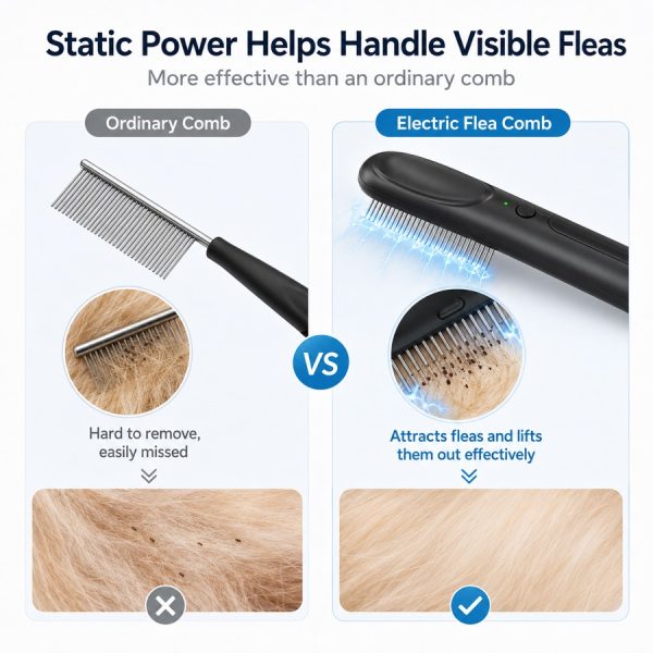 Black electric flea comb for pets comparison graphic showing an ordinary comb and electric comb.