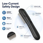 Black electric flea comb for pets diagram identifying indicator light, power button, lock and charging port.
