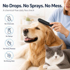 Black electric flea comb for pets used on a golden dog beside a resting cat.