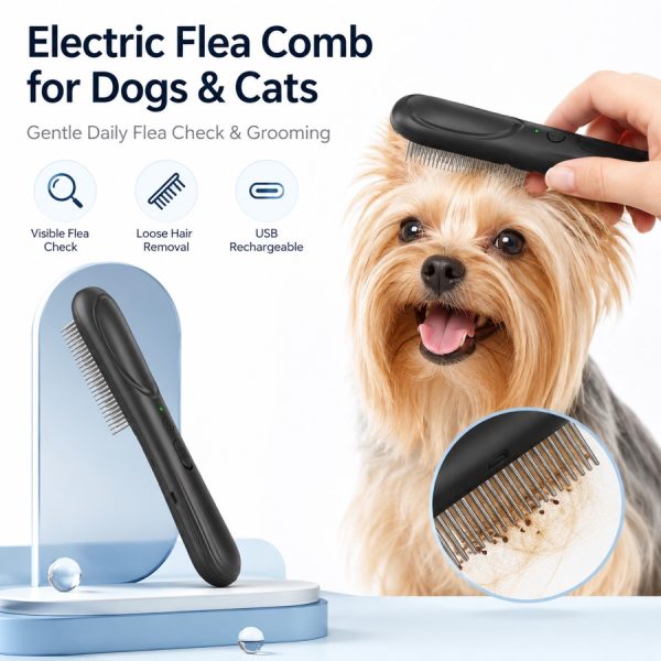 Black electric flea comb for pets grooming a small dog with coat checking feature icons.