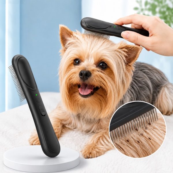 Black electric flea comb for pets used on a small dog's head with a comb teeth inset.