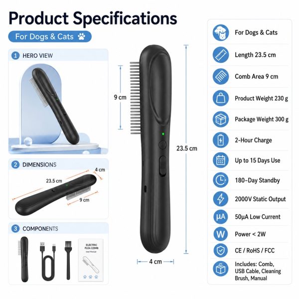 Black electric flea comb for pets specification chart with dimensions and included accessories.