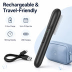 Black electric flea comb for pets displayed with a USB cable and travel pouch.