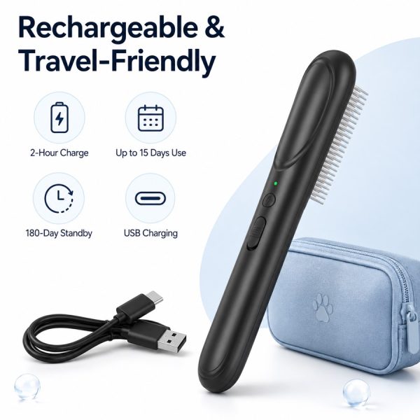 Black electric flea comb for pets displayed with a USB cable and travel pouch.