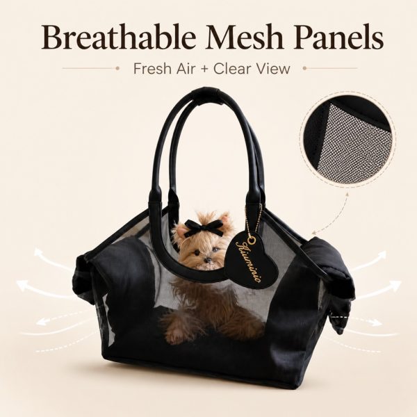 Black mesh pet carrier tote with airflow arrows and a mesh panel closeup.