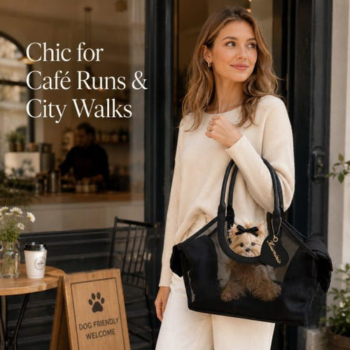 Black mesh pet carrier tote carried over a shoulder outside a cafe.