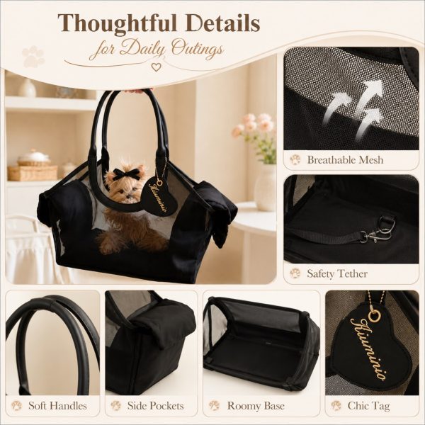 Black mesh pet carrier tote detail collage of mesh, tether, handles, pockets and base.