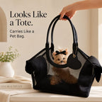 Black mesh pet carrier tote displayed as a handbag style carrier with a small dog.