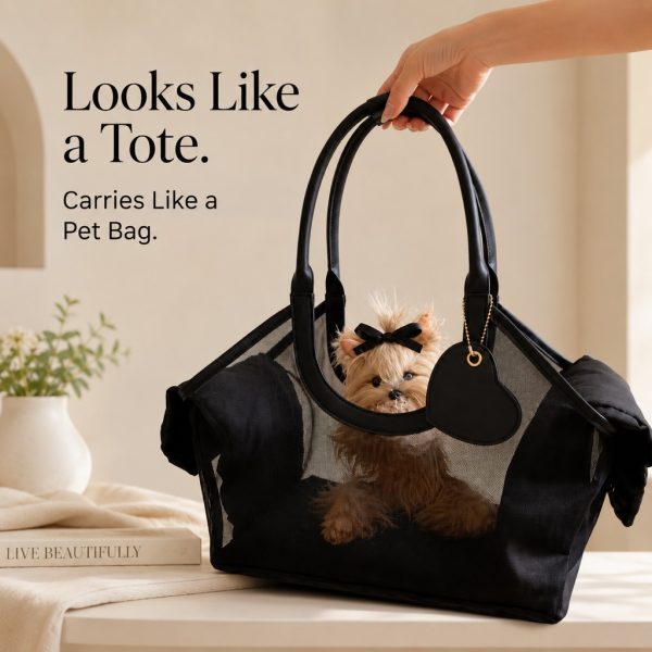 Black mesh pet carrier tote displayed as a handbag style carrier with a small dog.