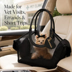 Black mesh pet carrier tote resting on a car seat with a small dog near a pet clinic.