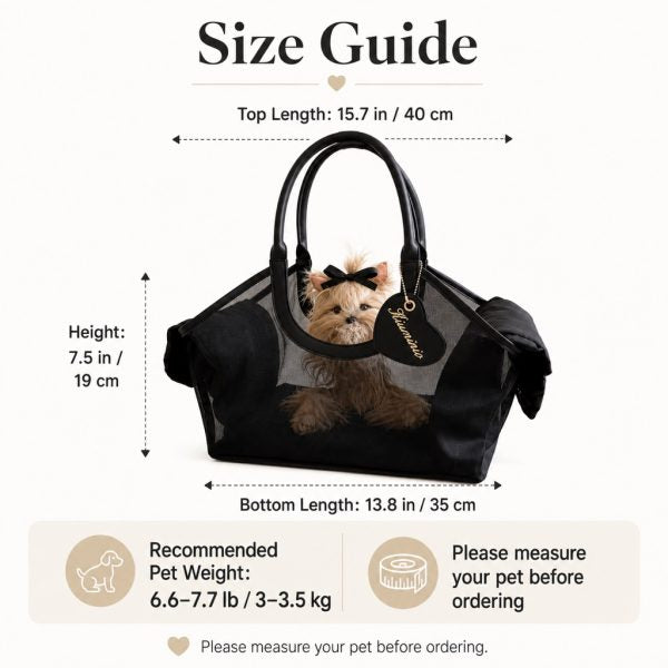Black mesh pet carrier tote size guide showing top length, bottom length and height.