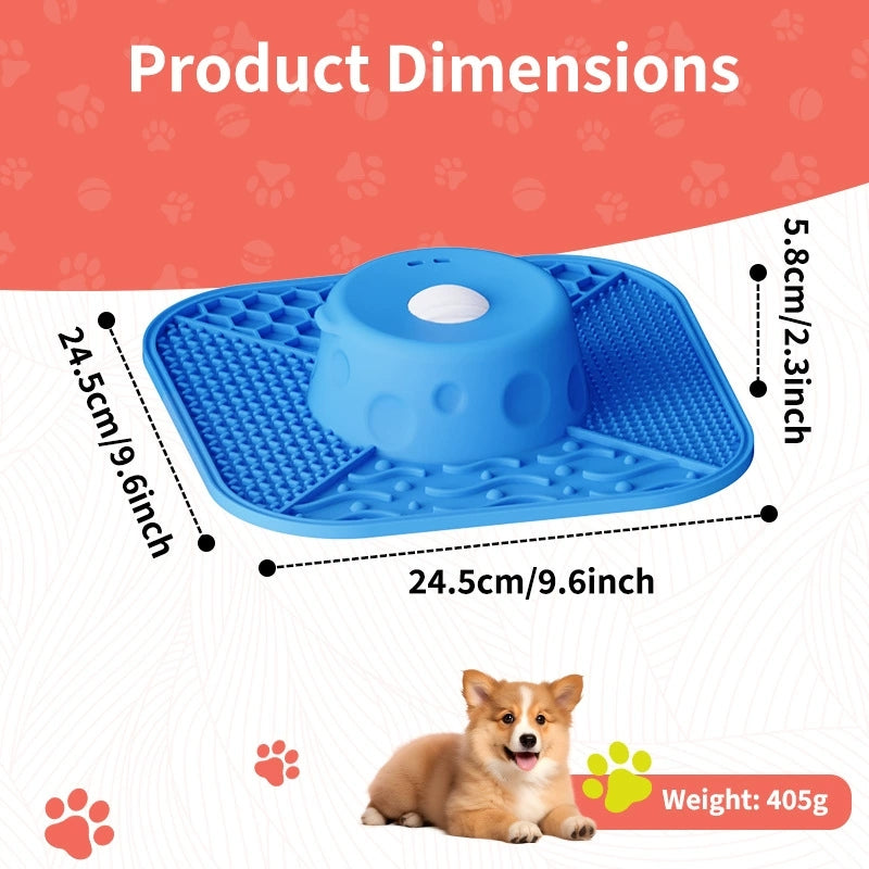 Blue dog slow feeder lick mat dimension diagram showing the square mat and raised center.