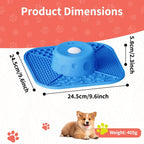 Blue dog slow feeder lick mat dimension diagram showing the square mat and raised center.