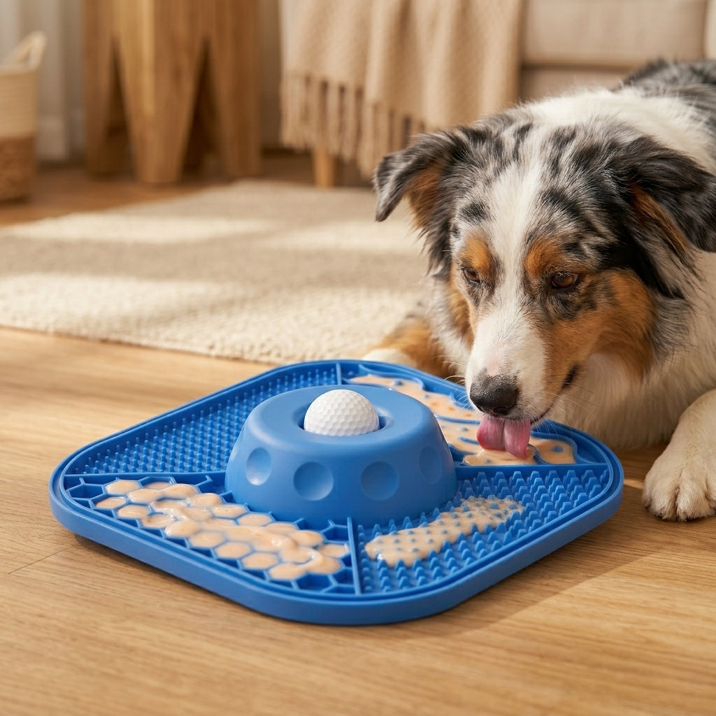 Blue dog slow feeder lick mat used by a dog licking food from the textured sections.