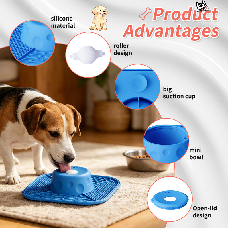 Blue dog slow feeder lick mat with a dog using the center roller and component closeups.