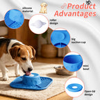 Blue dog slow feeder lick mat with a dog using the center roller and component closeups.