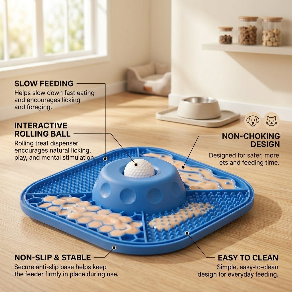Blue dog slow feeder lick mat on a kitchen floor with feeding and cleaning feature callouts.