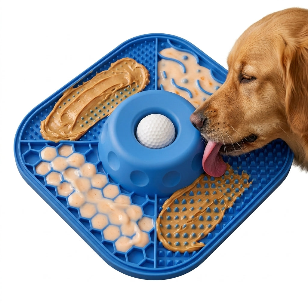 Blue dog slow feeder lick mat with spreadable food and a dog licking the textured surface.