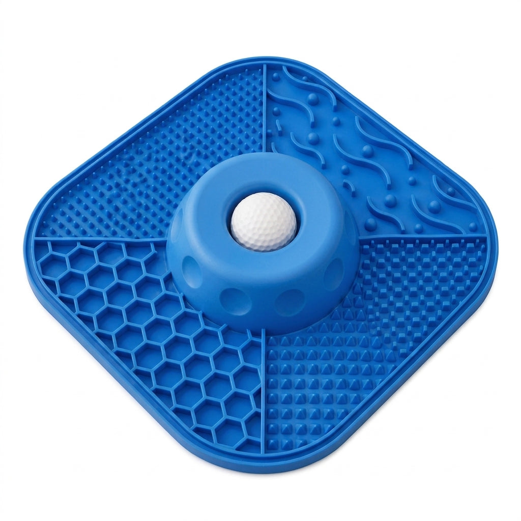 Blue dog slow feeder lick mat top view showing varied textures and the center roller.