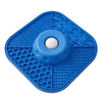 Blue dog slow feeder lick mat top view showing varied textures and the center roller.