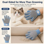 Blue dual sided pet grooming glove demonstrating cat grooming and fur removal from upholstery.