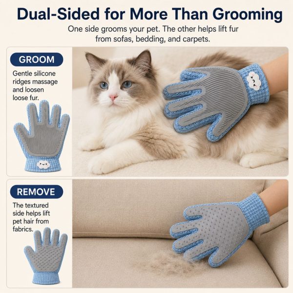 Blue dual sided pet grooming glove demonstrating cat grooming and fur removal from upholstery.