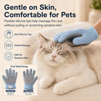 Blue dual sided pet grooming glove closeup of flexible tips touching a cat's head.